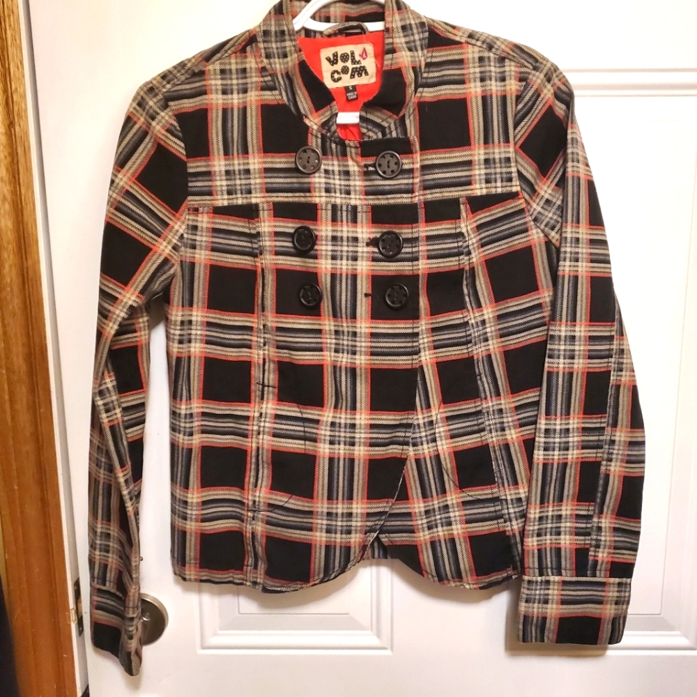 Volcom gorgeous cropped double-breasted plaid jacket